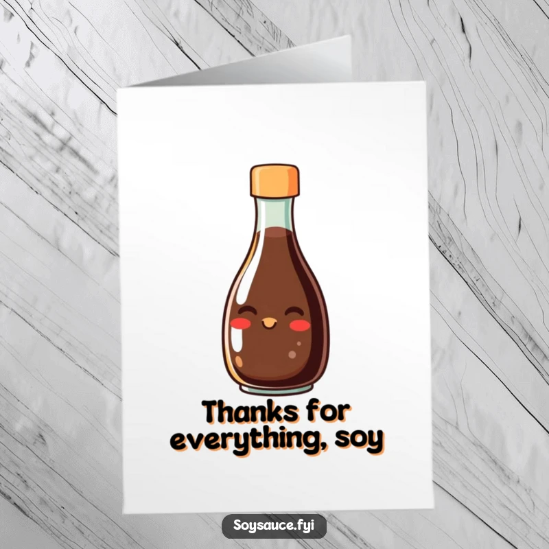 Funny Free Printable Thank You Card: A smiling soy sauce bottle with a cheerful, wide grin from its spout.