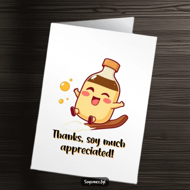 Funny Free Printable Thank You Card: A winking soy sauce bottle character does a smooth slide, expressing thanks with style.