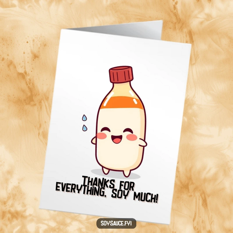 Funny Free Printable Thank You Card: A soy sauce bottle character sheds a happy tear, a unique way to say thanks.