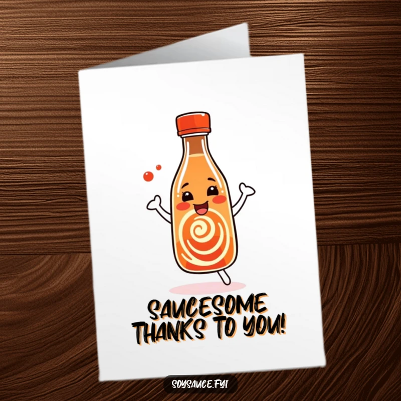 Funny Free Printable Thank You Card: A dancing soy sauce bottle with happy swirl patterns conveys heartfelt thanks.