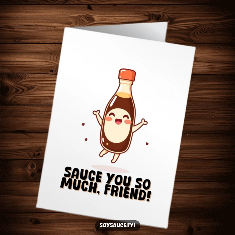 Funny Free Printable Thank You Card featuring a giggling kawaii soy sauce bottle performing a celebratory pirouette.