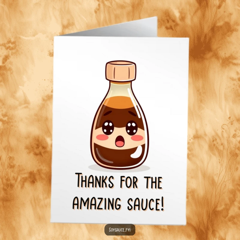 Funny Free Printable Thank You Card: A soy sauce bottle with wide eyes and a slightly open cap, looking astonished.