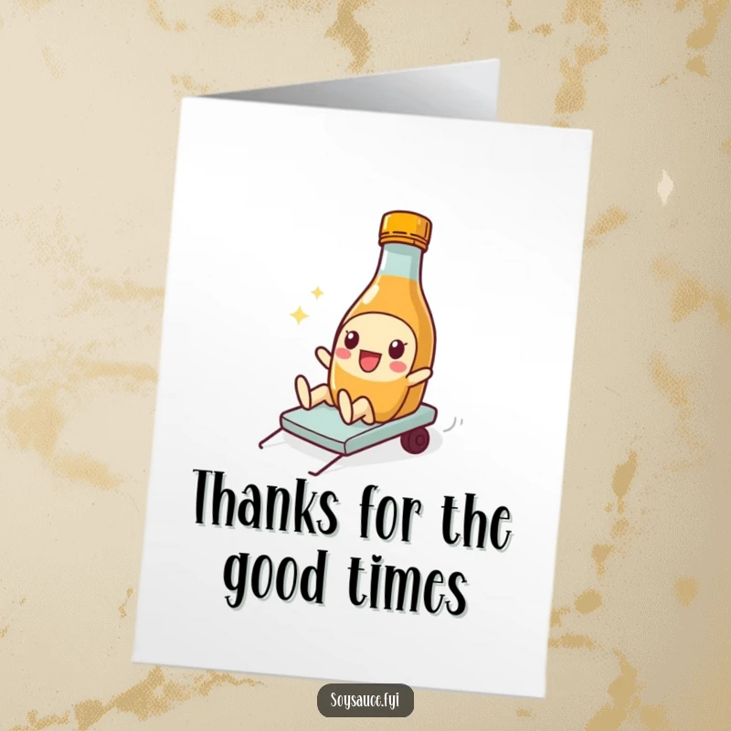 Funny Free Printable Thank You Card: A soy sauce bottle character performs a silly slide, expressing thanks in a lighthearted way.