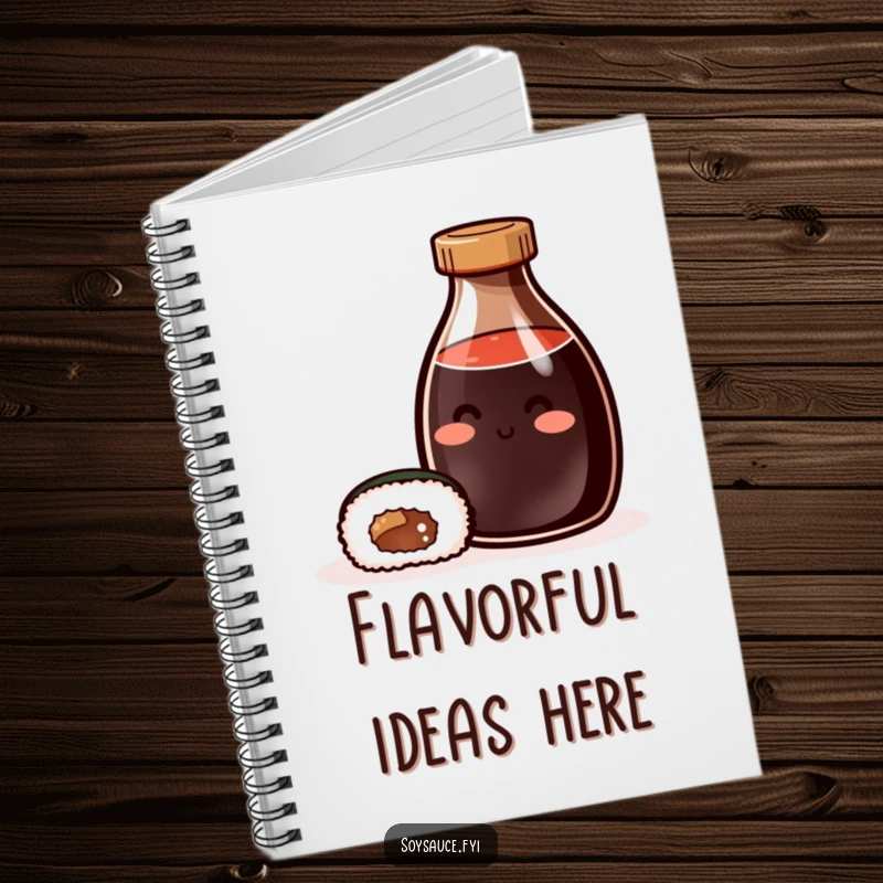 Funny Notebook: Cover features a content soy sauce bottle and sushi roll, encouraging delicious thoughts and culinary planning.