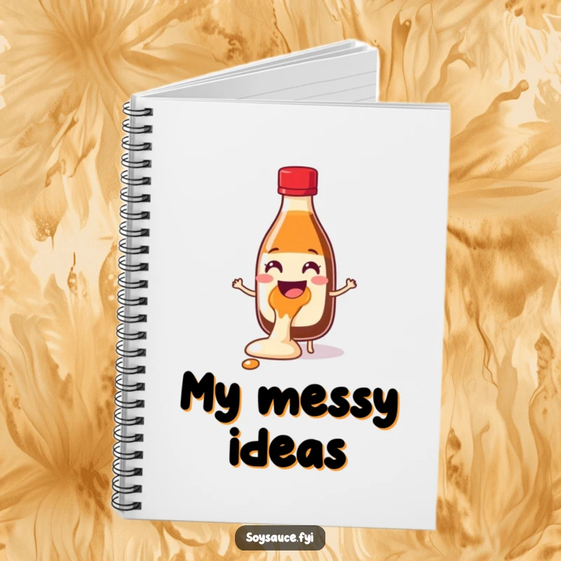 Funny Soy Sauce Glee Spill Notebook featuring a cheerful bottle character spilling with glee, perfect for note-taking with a humorous and joyful touch.