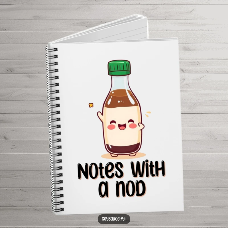 Funny Kawaii soy sauce bottle character tipping its cap playfully, perfect for a funny notebook cover.