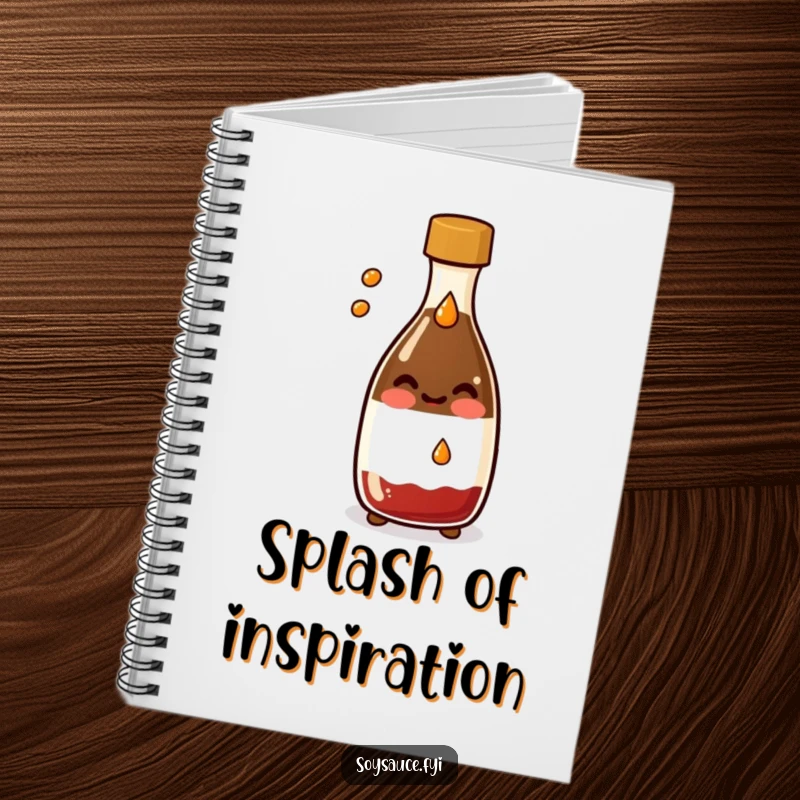 Funny Kawaii soy sauce bottle notebook, smiling and splashing a drop, perfect for jotting down recipes with humor.