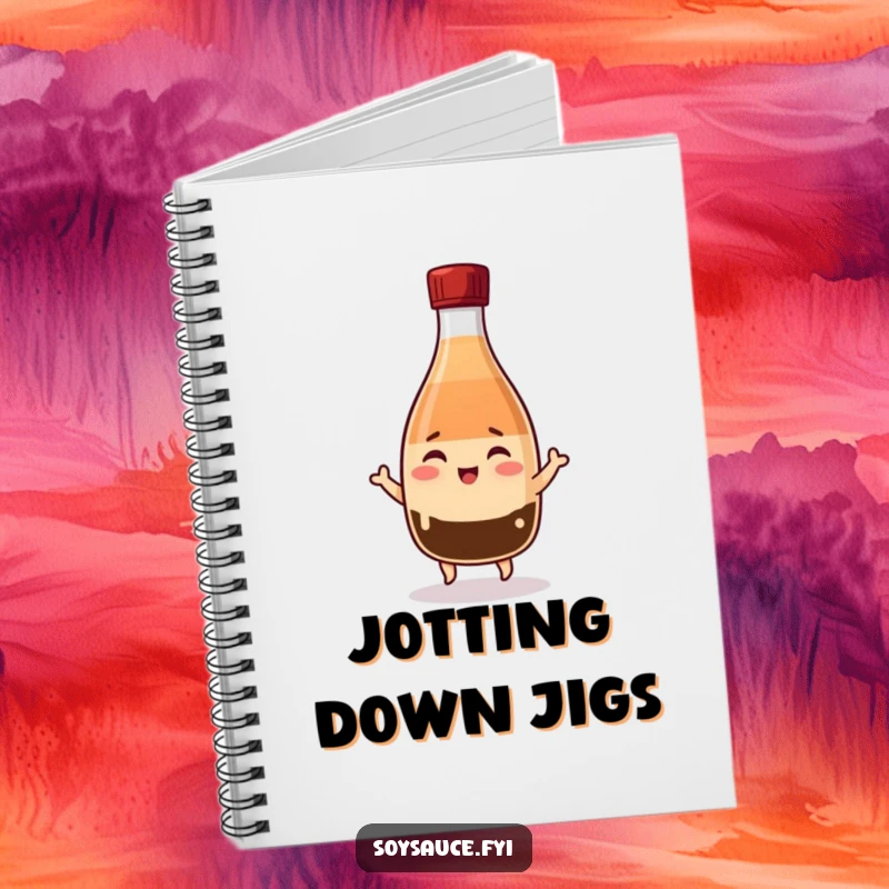 Funny Kawaii soy sauce bottle notebook, winking and jigging with cheer, perfect for capturing ideas with a playful beat.