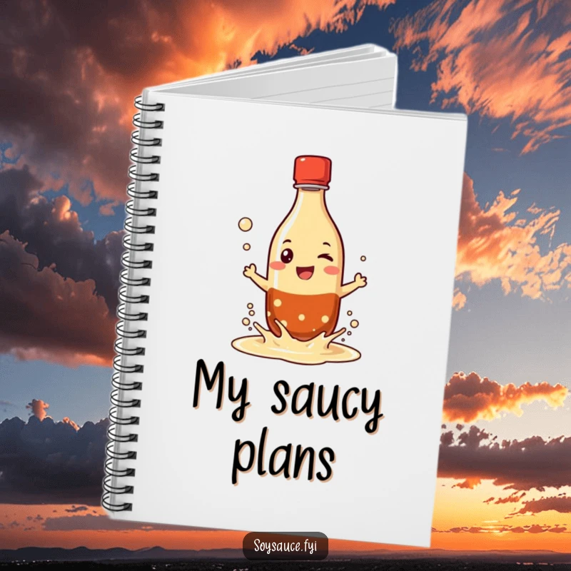 Funny notebook with a grinning soy sauce bottle character playfully splashing its liquid, perfect for jotting down saucy thoughts and ideas.