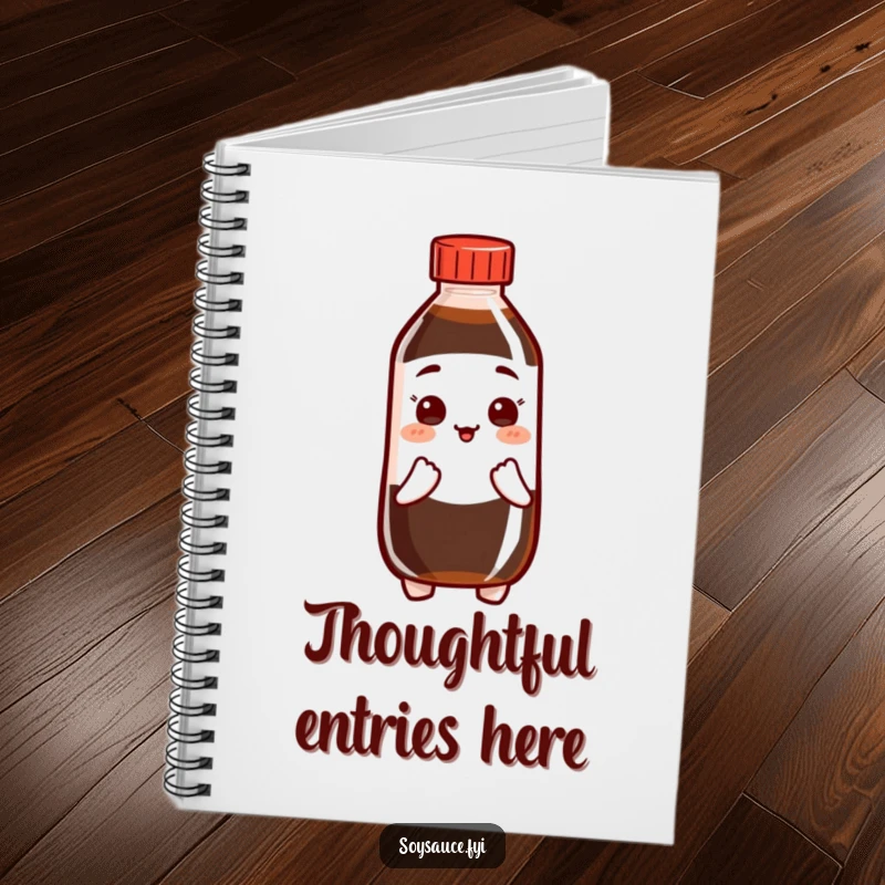 Funny Soy Sauce Notebook with a bottle character in a friendly bow, perfect for jotting down polite thoughts.