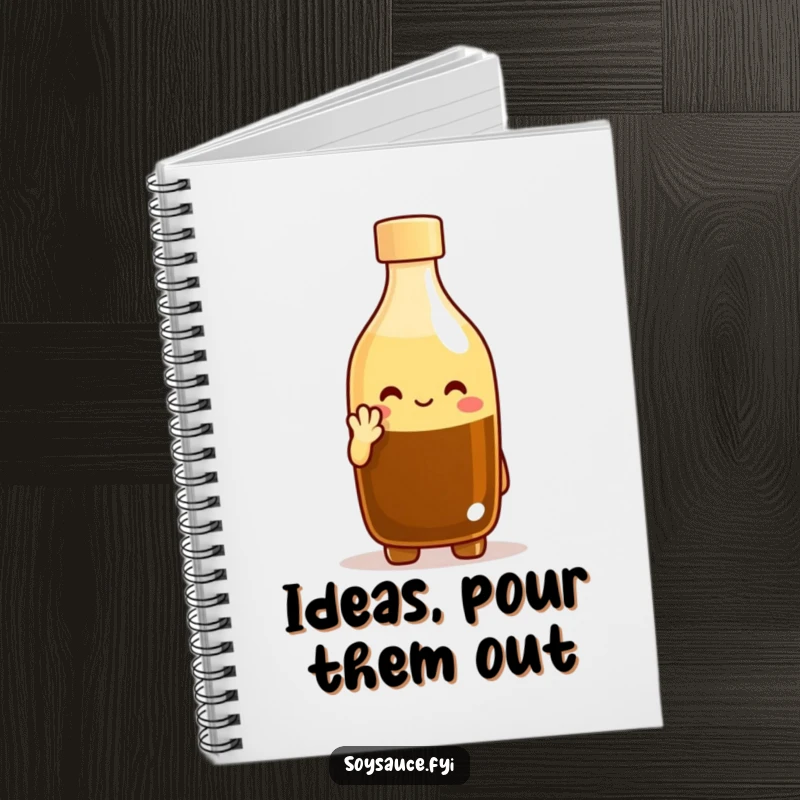 Funny notebook with a cheerful soy sauce bottle character offering a polite nod, perfect for jotting down notes with a humorous touch. A cute funny gift.