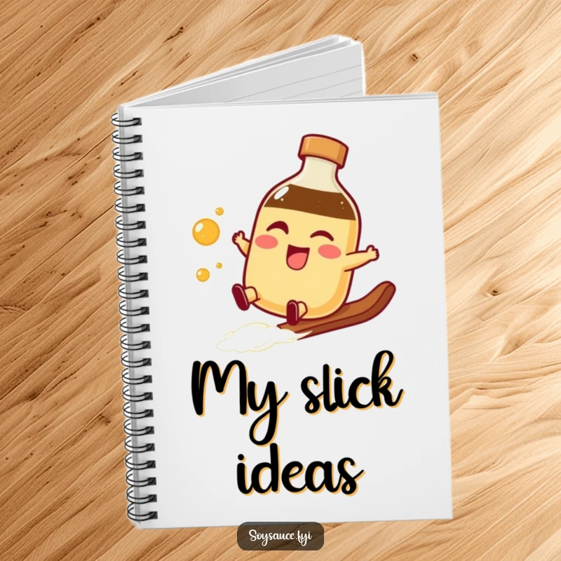 Funny winking soy sauce bottle notebook doing a smooth slide, perfect for recording ideas with a touch of playful coolness.