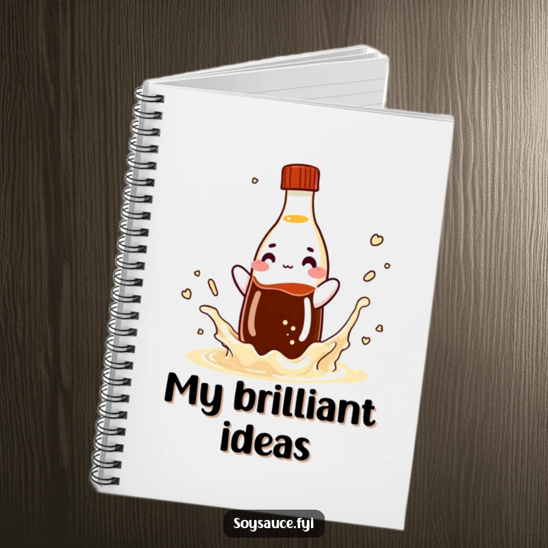 Funny soy sauce bottle notebook, a playful condiment character splashing, perfect for jotting down witty notes.