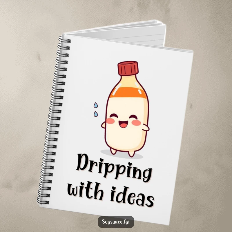 Funny soy sauce bottle notebook character pouring a happy tear, ideal for capturing thoughts with a dose of comical emotion.