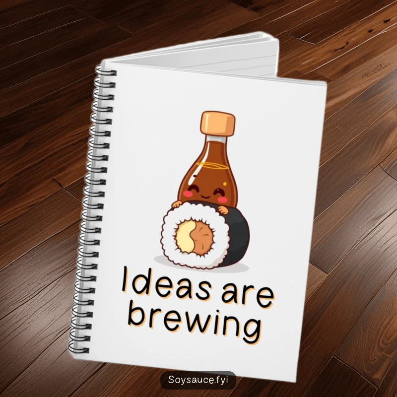 Funny Notebook with a giggling soy sauce bottle peeking from behind sushi, encouraging notes and ideas with a humorous twist.