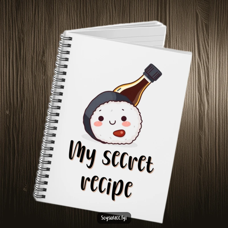 Funny notebook with a soy sauce bottle hiding behind sushi, designed for jotting down notes and creative ideas with a humorous touch.