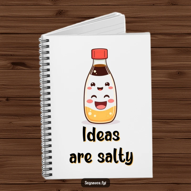Funny Kawaii soy sauce bottle character with a cheerful grin, perfect for a funny notebook cover.