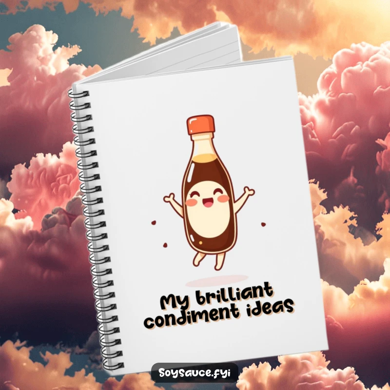 Funny giggling kawaii soy sauce bottle doing a happy pirouette on a notebook cover, a humorous stationery item for notes.