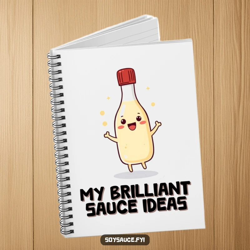 Funny kawaii soy sauce bottle doing a happy dance with its cap, inspiring creativity and humor in a notebook.