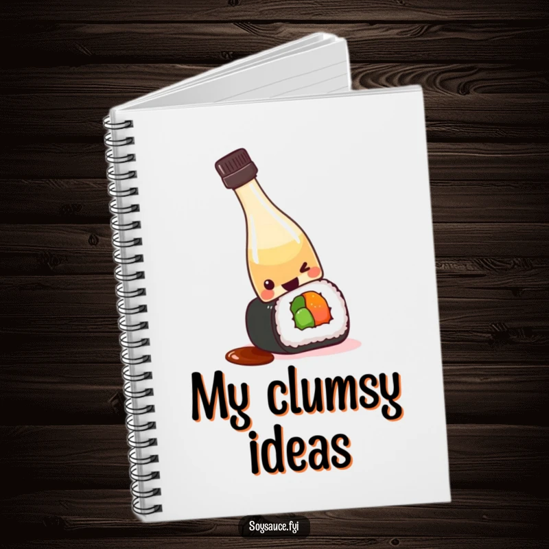 Funny kawaii soy sauce bottle tipping over playfully onto a sushi roll, making this notebook a fun place for notes and doodles.