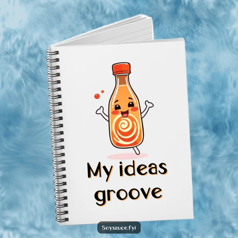 Funny Soy Sauce Notebook with a dancing bottle and swirl pattern, perfect for jotting down culinary ideas.