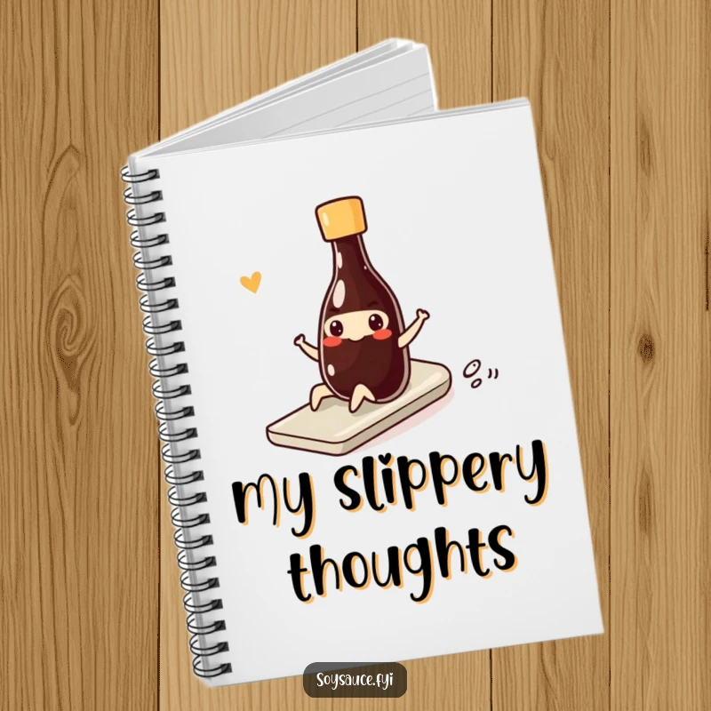 Funny kawaii soy sauce bottle doing a smooth, funny slide with a smile, making this notebook a fun place for notes.
