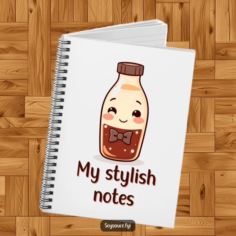 Funny Soy Sauce Notebook with a smiling bottle character wearing a bow tie, great for jotting down notes with a humorous touch.