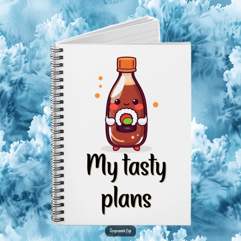 Funny kawaii soy sauce bottle playfully holding a tiny sushi roll, on the cover of a funny notebook.