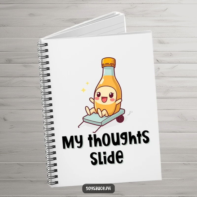 Funny Soy Sauce Notebook with a playful bottle character doing a silly slide, perfect for jotting down fun ideas.