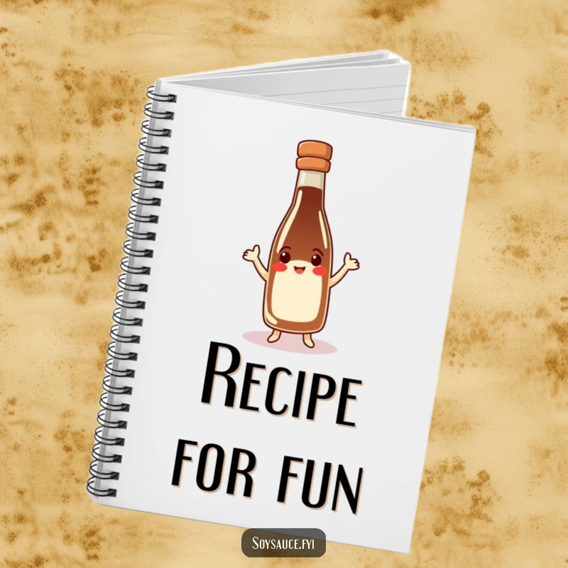 Funny soy sauce bottle notebook, happy character in hat doing a jig, ideal for notes and sketches, foodie stationery.