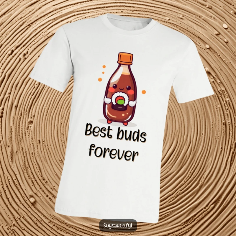 Funny kawaii soy sauce bottle playfully holding a tiny sushi roll, wearing a funny t-shirt.
