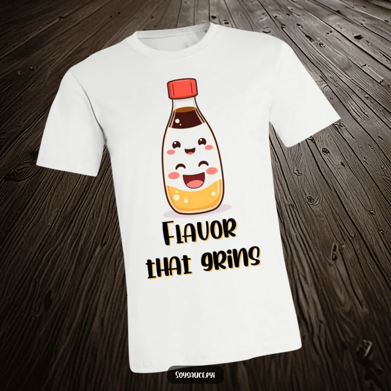 Funny Kawaii soy sauce bottle character with an enormous happy grin, printed on a comfortable T-shirt.