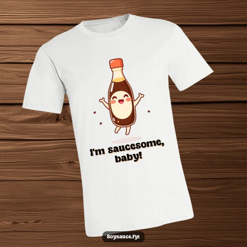 Funny giggling kawaii soy sauce bottle performing a happy pirouette on a t-shirt, a playful and humorous apparel item.