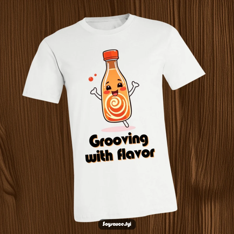Funny Soy Sauce T-Shirt with a happy bottle dancing amongst swirls, embodying a fun, savory spirit.