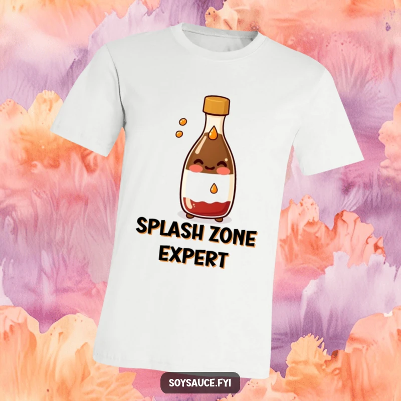 Funny Kawaii soy sauce bottle t-shirt, smiling and splashing a tiny drop, showcasing a fun and saucy attitude.