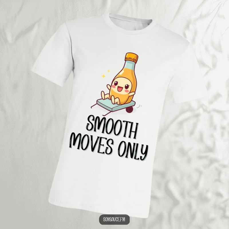 Funny Soy Sauce T-Shirt with a bottle character caught mid-slide, embodying playful mishap and humor.