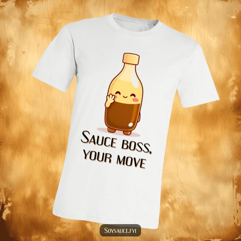 Funny soy sauce bottle t-shirt featuring a cheerful character giving a polite nod, showcasing a humorous and adorable design. A great funny gift.