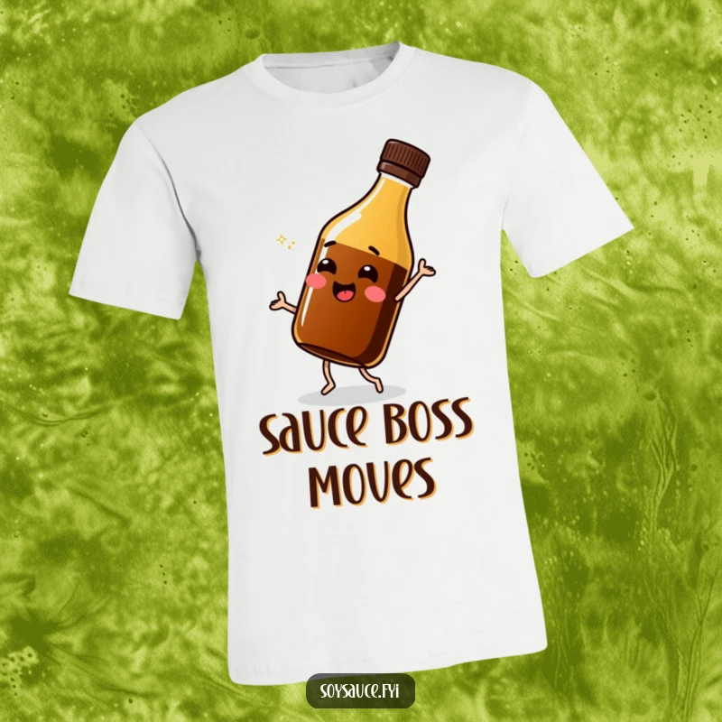 Funny soy sauce bottle t-shirt, performing a joyful shimmy, a playful and humorous apparel design.