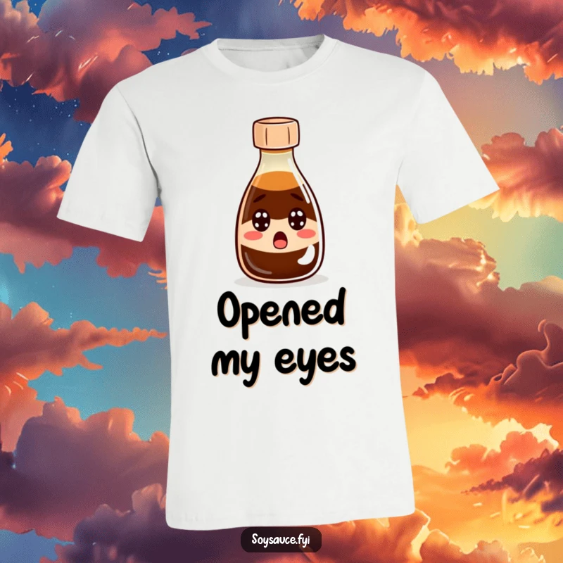 Funny T-Shirt: A comically surprised soy sauce bottle with wide eyes and an askew cap, conveying shock humor.