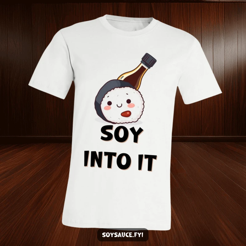 Funny soy sauce bottle peeking from behind a sushi roll on a comfortable tee, a playful and unique gift for foodies.