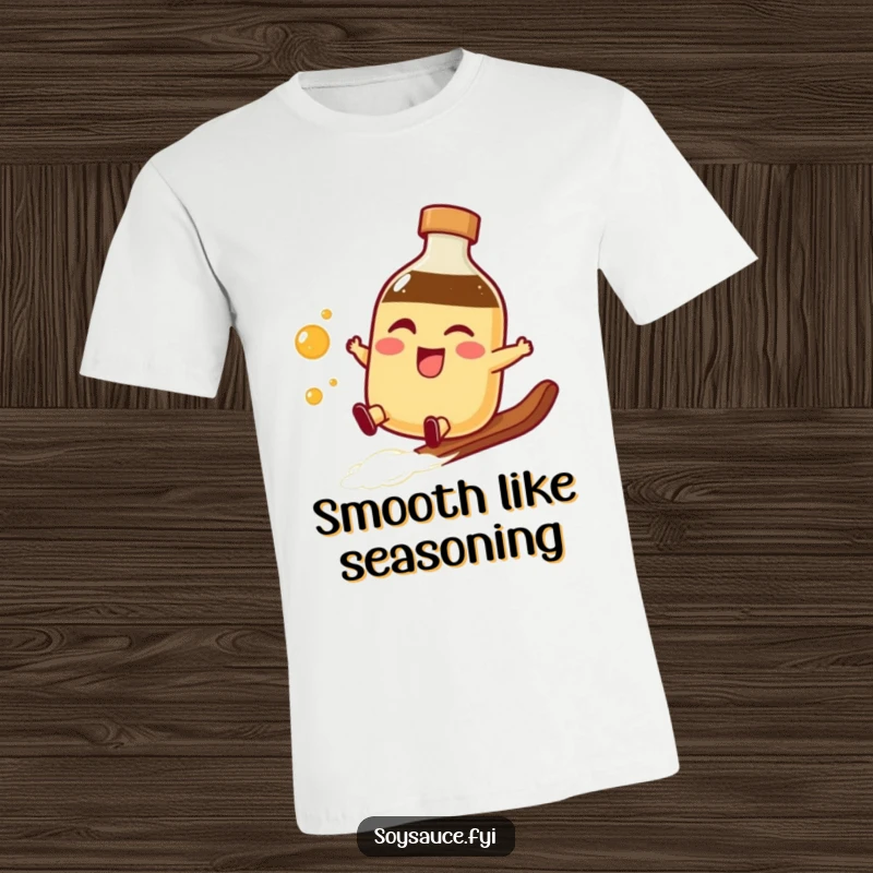 Funny winking soy sauce bottle t-shirt doing a smooth slide, perfect for conveying coolness and playful condiment personality.