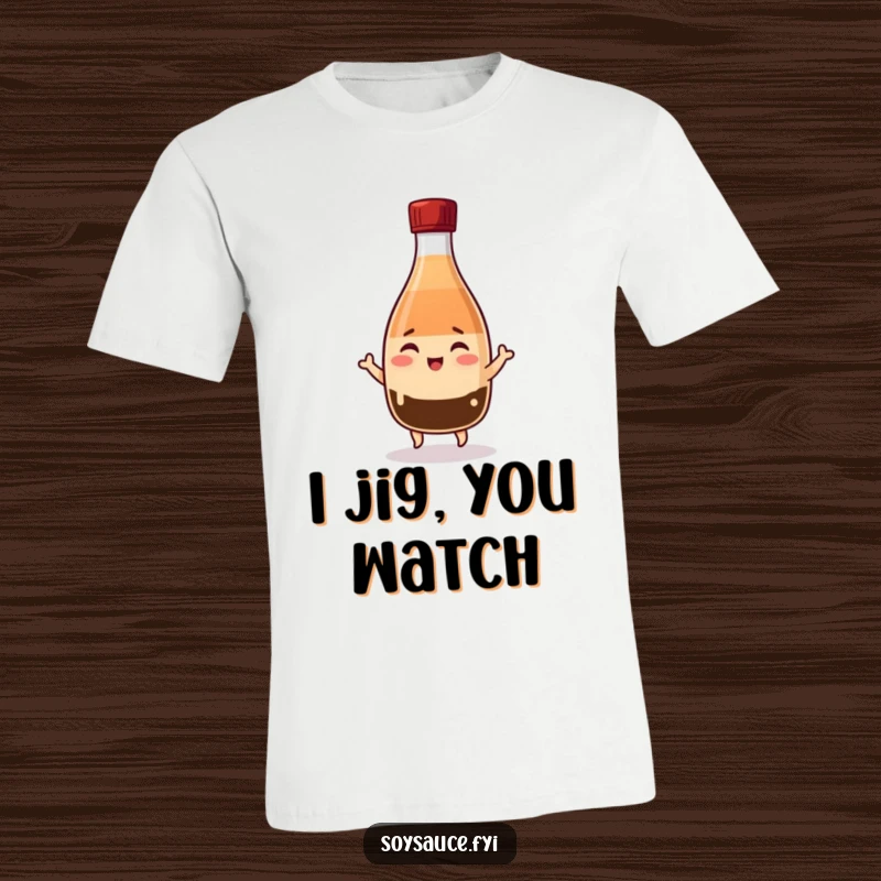 Funny Kawaii soy sauce bottle t-shirt, winking cheerfully while performing a tiny jig, full of playful energy.