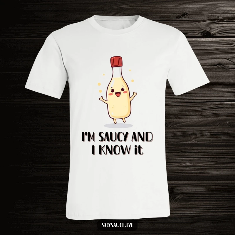 Funny kawaii soy sauce bottle doing a happy dance with its cap, showing off its moves on a vibrant t-shirt.