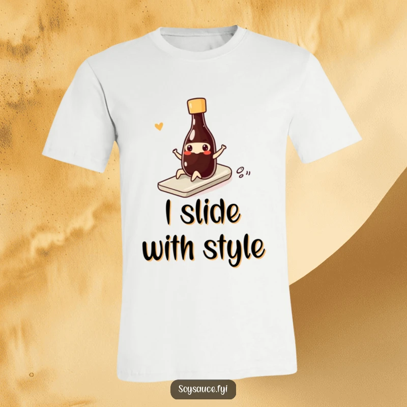 Funny kawaii soy sauce bottle doing a smooth, funny slide with a smile on a stylish and humorous t-shirt.