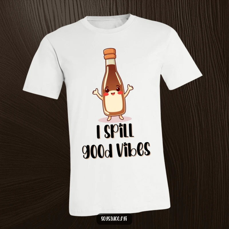 Funny soy sauce bottle t-shirt, happy character in hat doing a jig, culinary-themed graphic, comfortable and stylish.