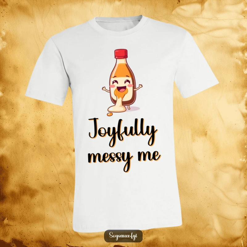 Funny Soy Sauce Glee Spill T-Shirt depicting a cheerful bottle character joyfully spilling condiment, embodying delightful, messy humor.
