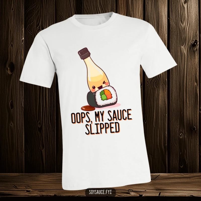 Funny kawaii soy sauce bottle tipping over playfully onto a sushi roll, illustrating a comical food mishap on a t-shirt.