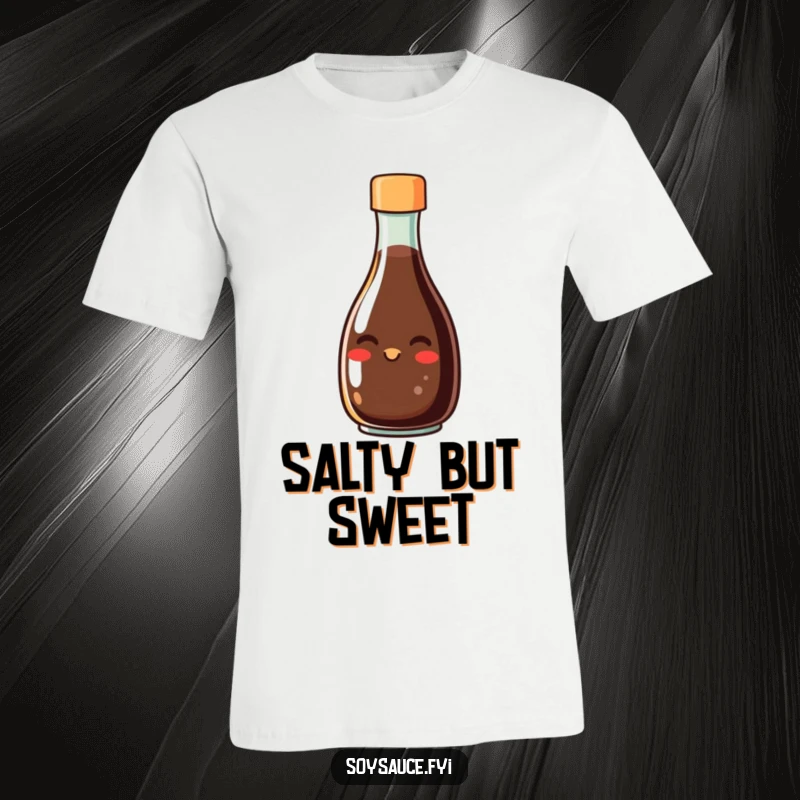 Funny t-shirt featuring a smiling soy sauce bottle character with a happy grin, radiating culinary joy and playful charm, a must-have apparel.