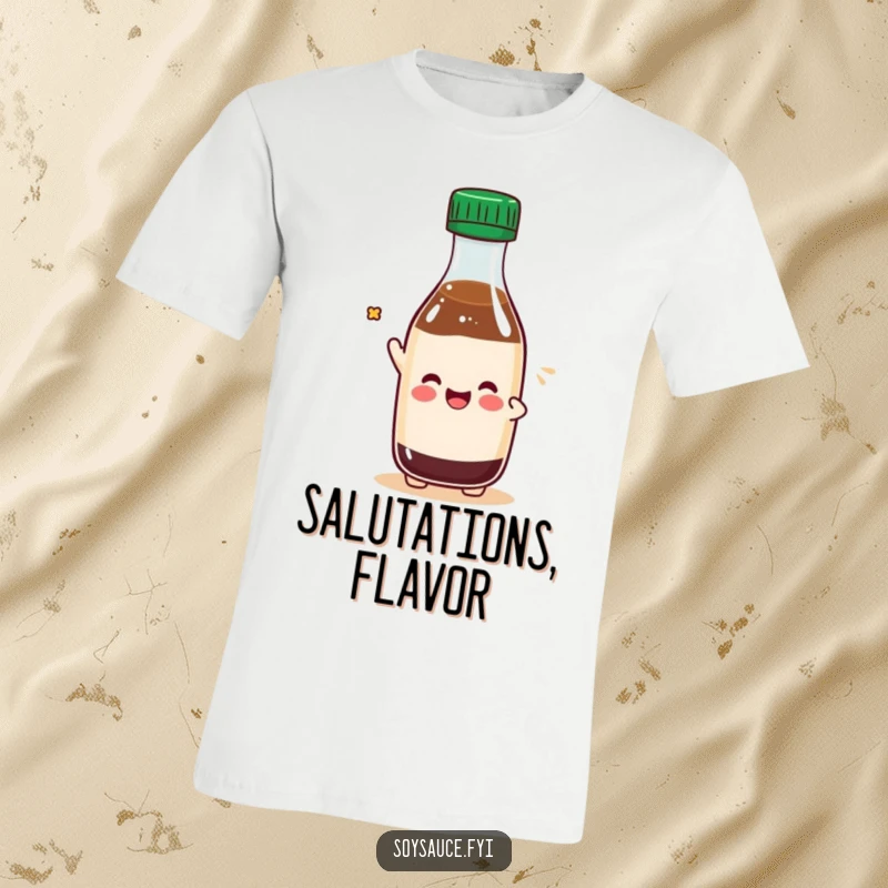 Funny Kawaii soy sauce bottle character tipping its cap with a cheerful grin, on a comfortable T-shirt.