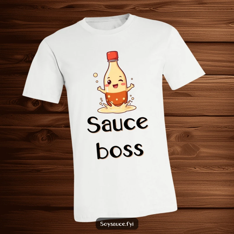 Funny t-shirt depicting a grinning soy sauce bottle character playfully splashing its liquid, showcasing a love for flavor and fun.
